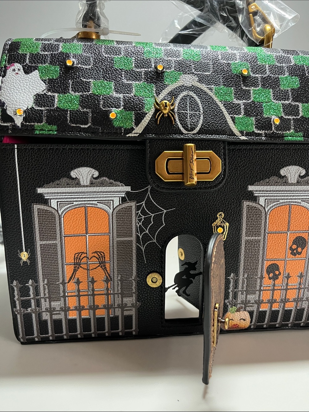 Betsey Johnson Black Orange Green Haunted House Crossbody Bag - Picture 5 of 17